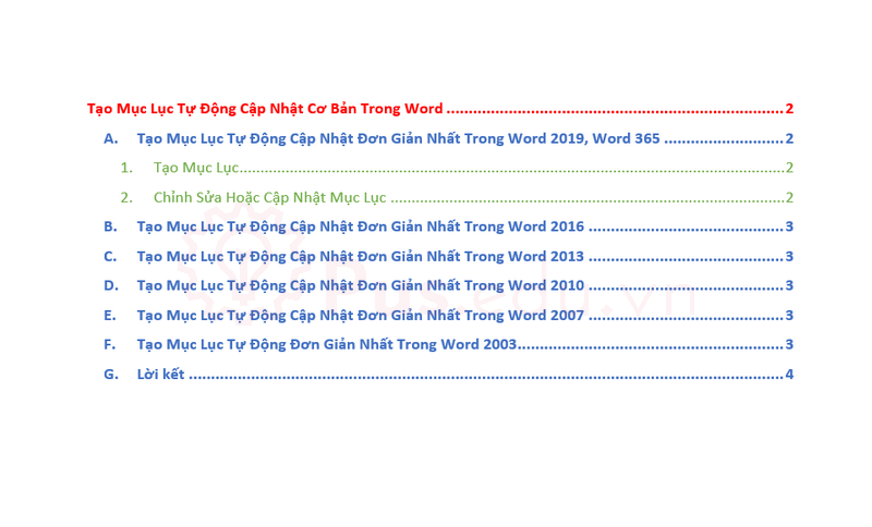 Tạo Mục Lục Tự Động Cập Nhật Với Heading Tùy Chọn Trong Word 365, Word 2019, Word 2016, Word 2013, Word 2010, Word 2007, Word 2003