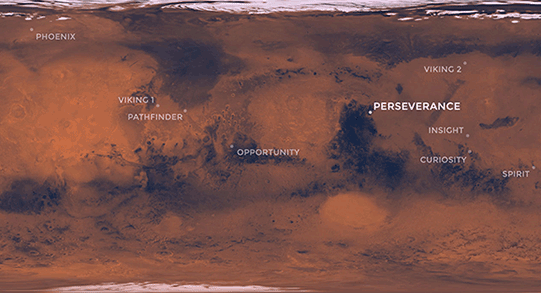 Bề mặt sao Hỏa hiển thị các điểm hạ cánh của máy bay