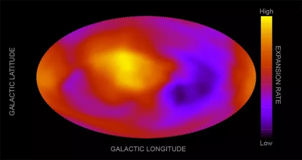 ồ họa này cho thấy bản đồ về tốc độ giãn nở của vũ trụ theo các hướng khác nhau, được ước tính trong một nghiên cứu mới của Konstantinos Migkas và các cộng tác viên. Bản đồ ở tọa độ thiên hà, với trung tâm nhìn về phía trung tâm của thiên hà của chúng ta. Các màu đen và tím hiển thị hướng của tốc độ mở rộng thấp nhất (hằng số Hubble); màu vàng và đỏ hiển thị hướng của tỷ lệ mở rộng cao nhất