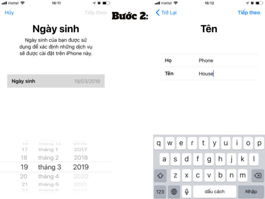 Nhập thông tin ngày sinh và họ tên